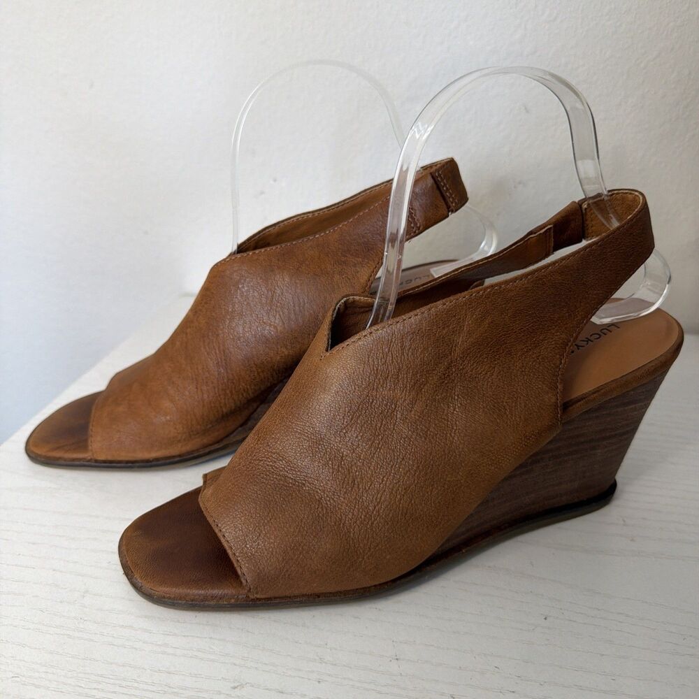 Lucky Brand LK-Lordyn 8.5 Slingback Brown Leather Block Heels Shoes EU 39